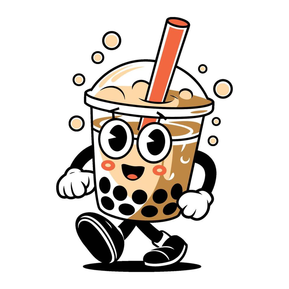 cute cartoon character is walking with a straw in a cup of bubble tea vector