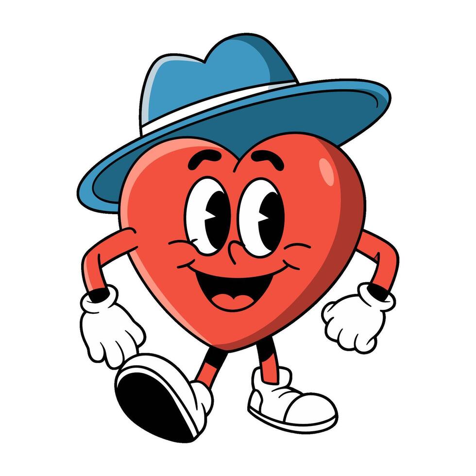 Cartoon heart character with blue hat and gloves, groovy illustration vector