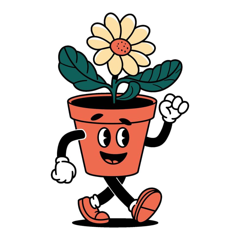 Happy flower pot character walks cheerfully with a bright yellow flower in playful cartoon style vector