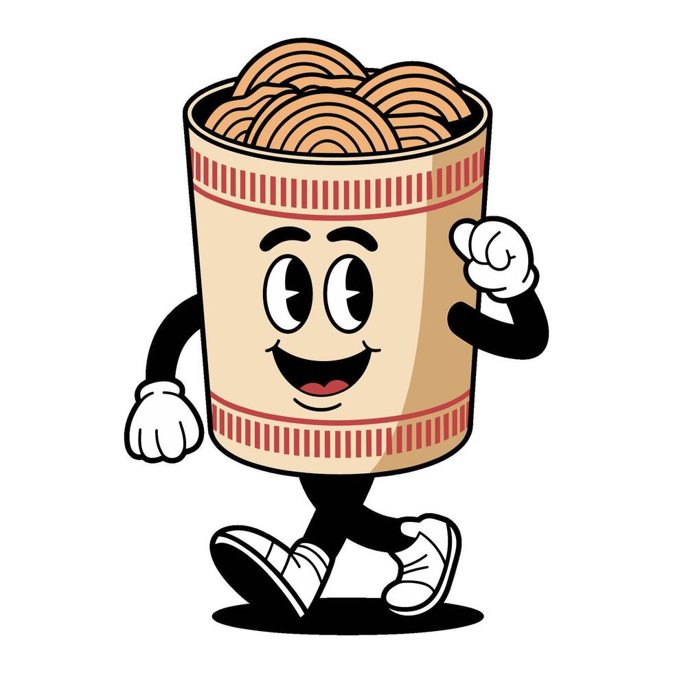 cup of noodles character with arms and legs, walking with cheerful expression, food mascot vector