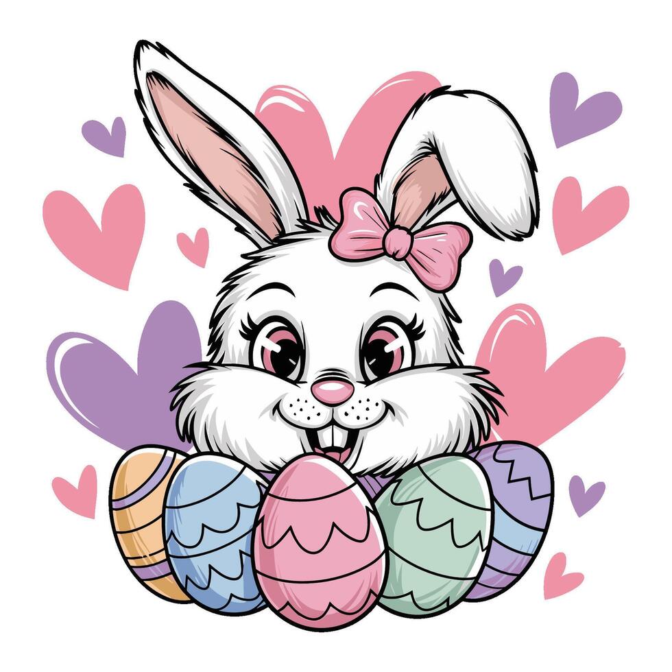 Hand drawn Easter bunny illustration with colorful eggs and hearts for festive celebrations vector