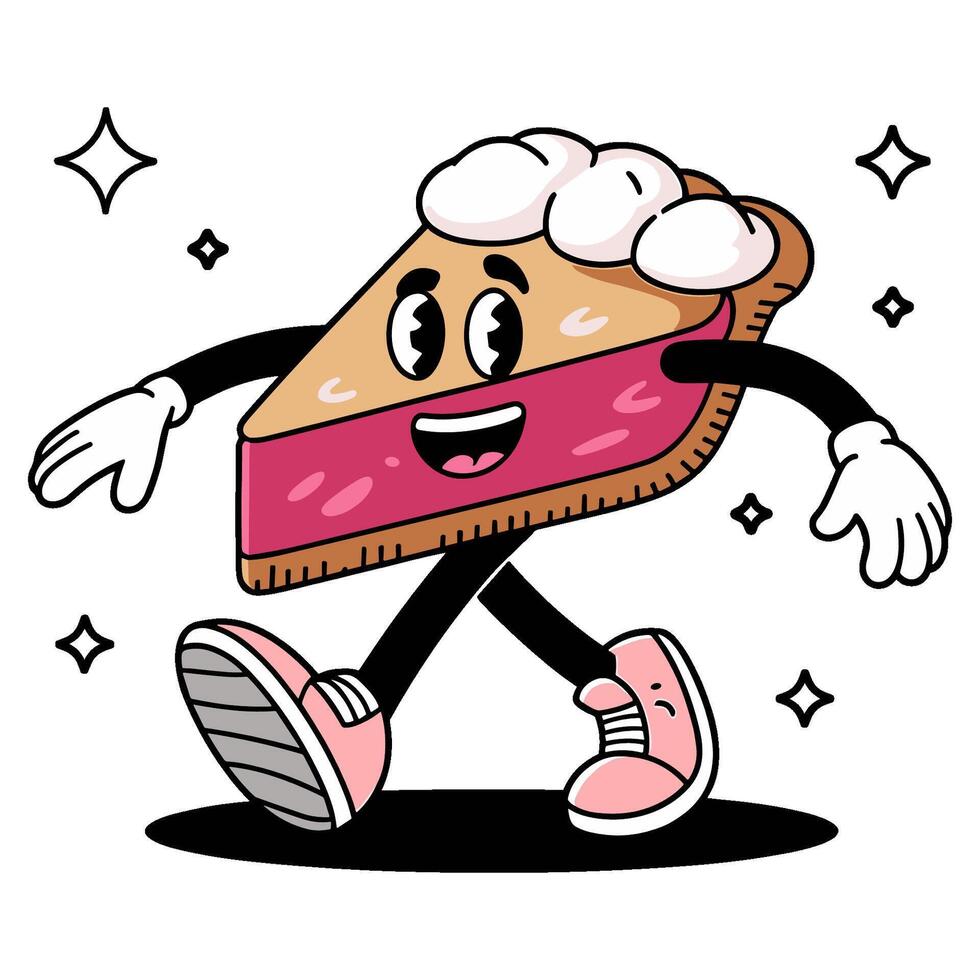 Cute retro character of a lively pie slice joyfully walking in a playful cartoon style vector