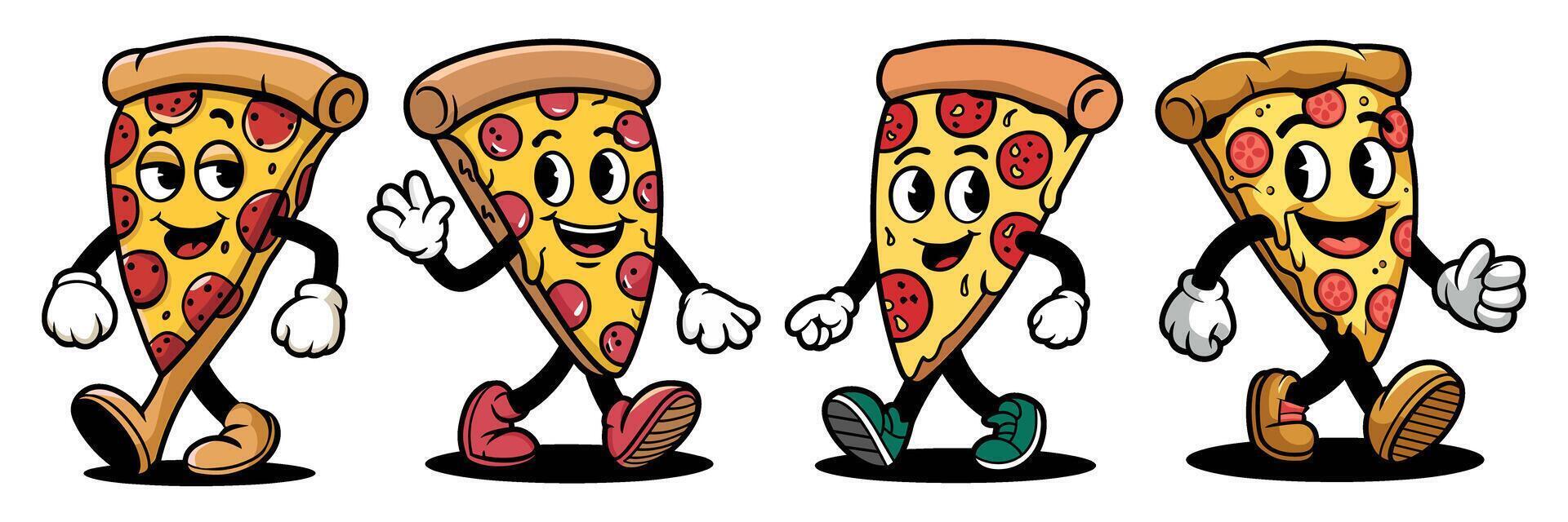 Fun cartoon pizza characters walking and waving in a colorful style vector
