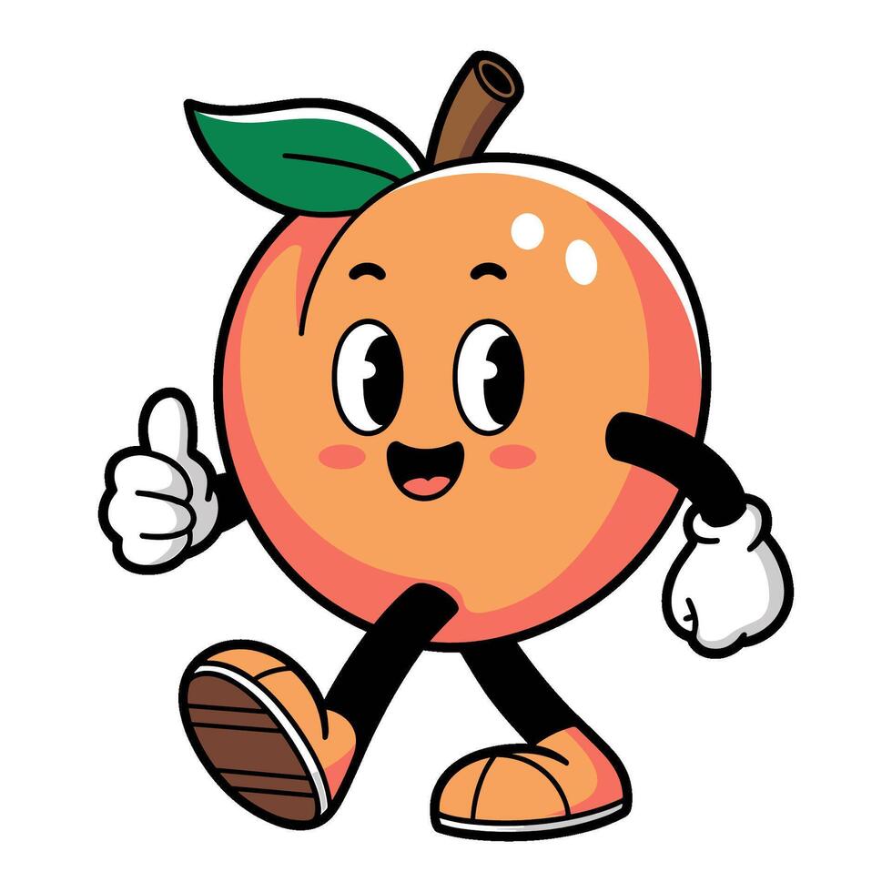 Retro cartoon character of a happy peach walking with a thumbs-up gesture vector