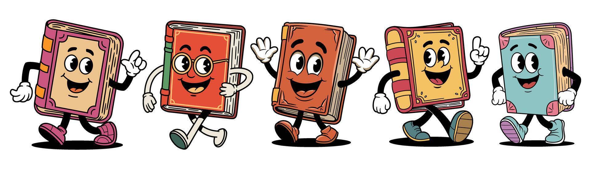 set cartoon book characters in retro groovy style enjoying a fun group walk vector