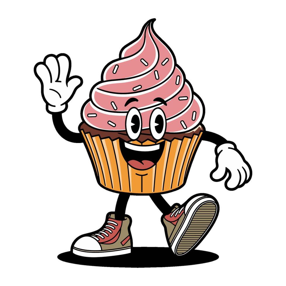 Cartoon cupcake character with pink frosting and sneakers, groovy illustration vector