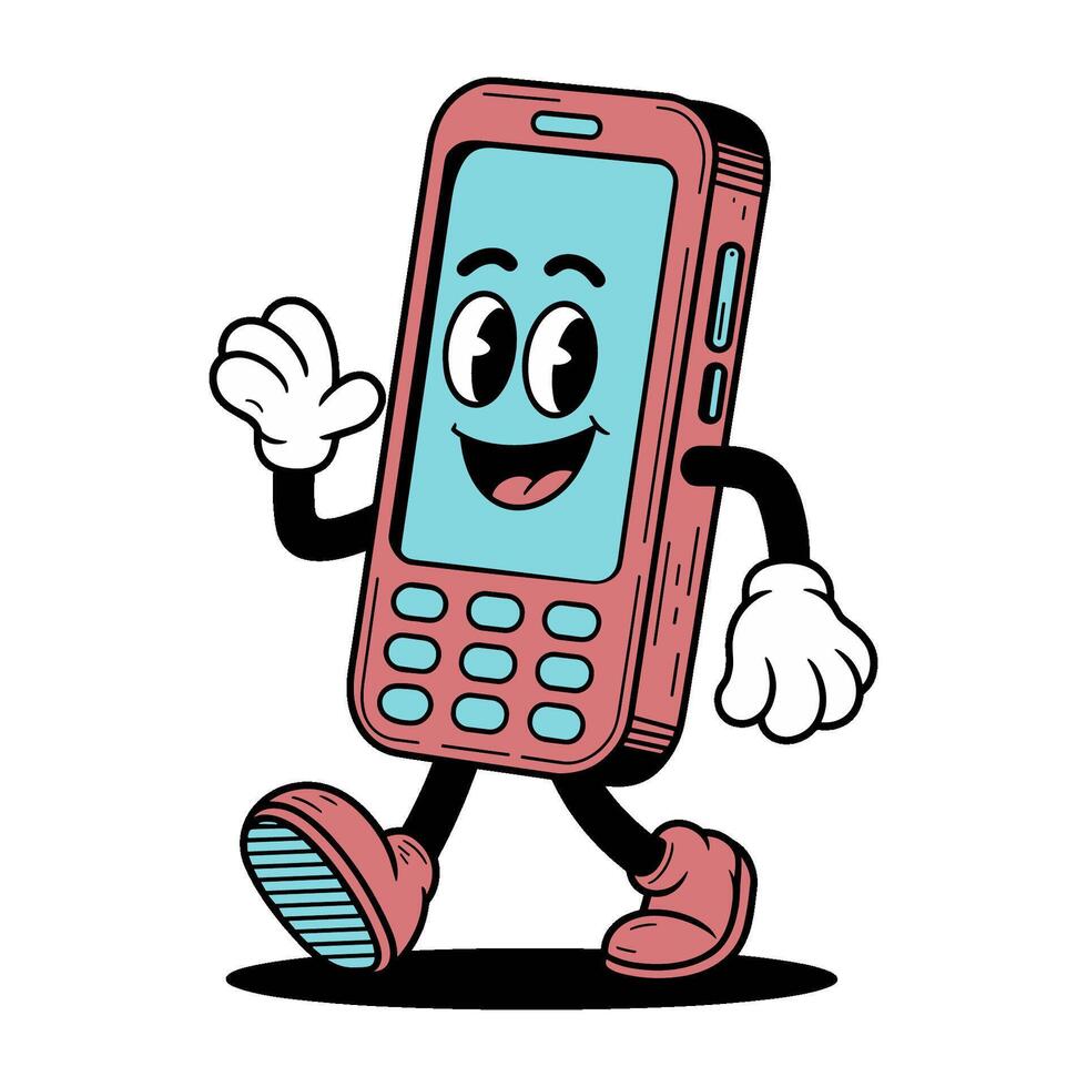 A cartoonish phone is walking and waving. The phone is pink and blue. Scene is lighthearted and fun vector