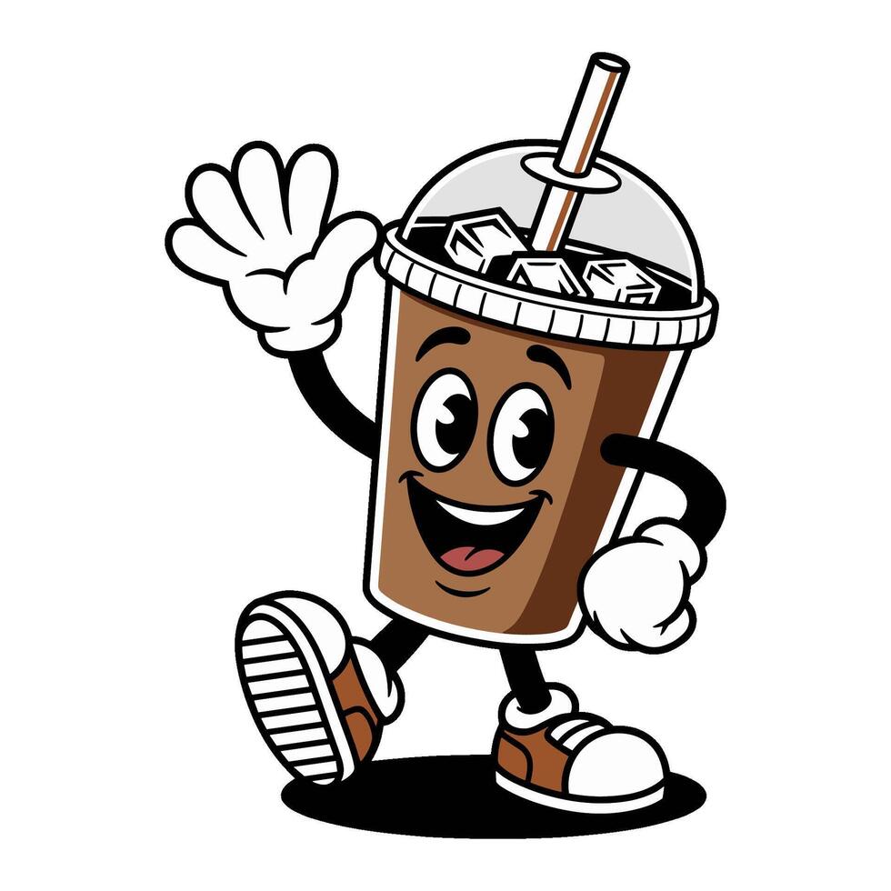 Cheerful cartoon iced coffee cup character with a straw and ice cubes vector