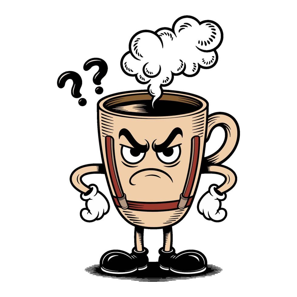 Angry coffee cup character with steam and question marks vector