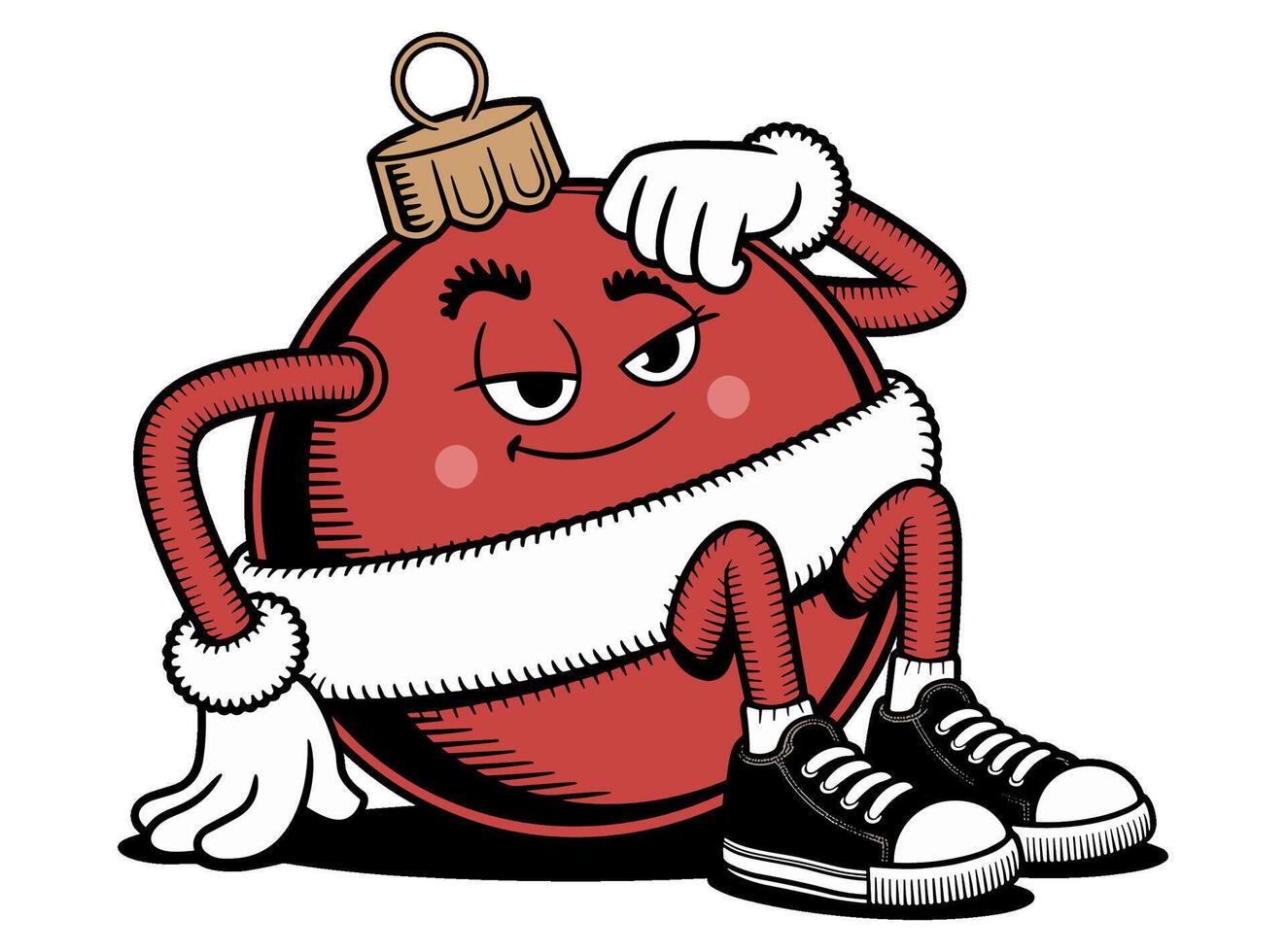 A red Christmas ornament character with arms, legs, and a smug expression, wearing sneakers and gloves vector