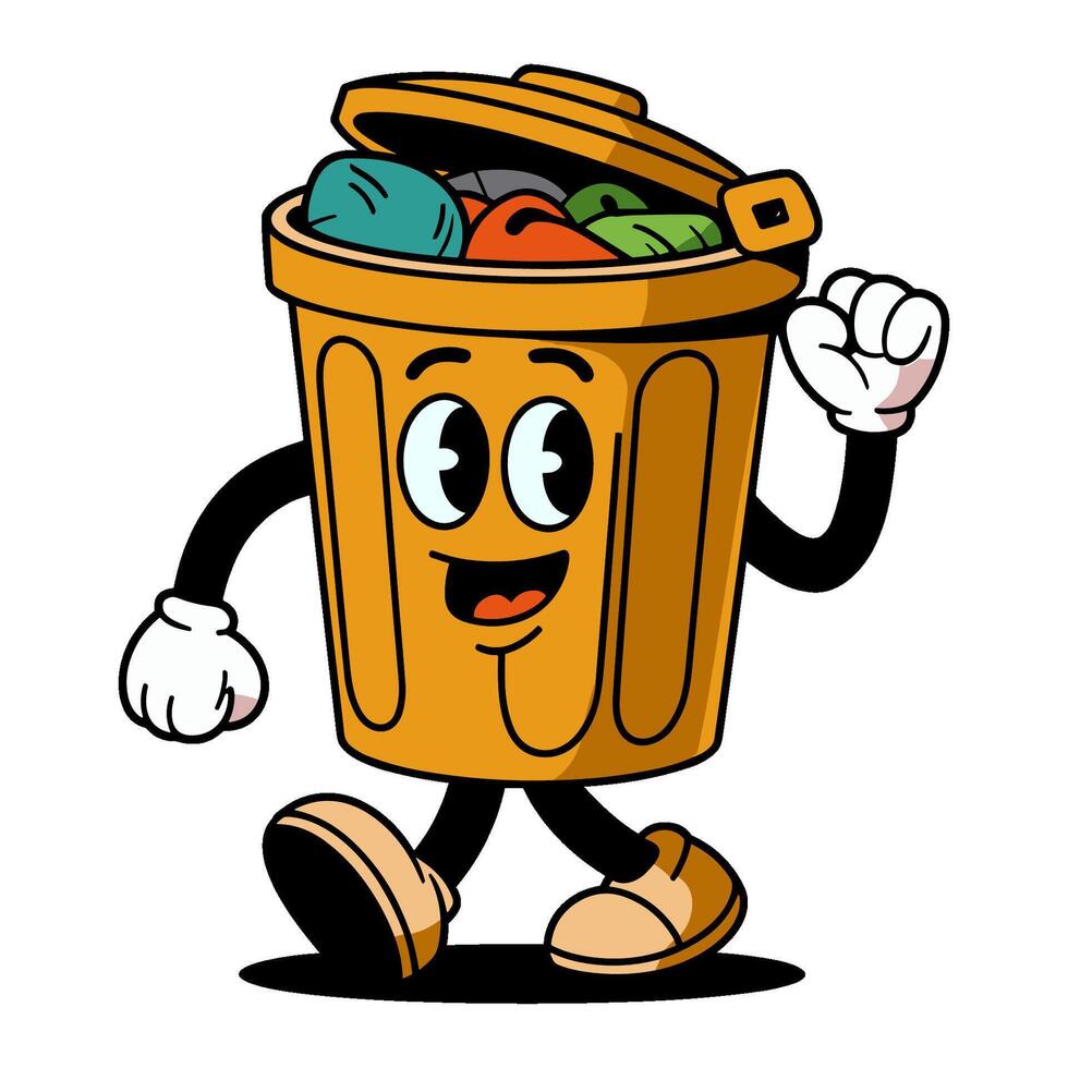 cartoon character is walking towards a trash can with a big smile on his face vector