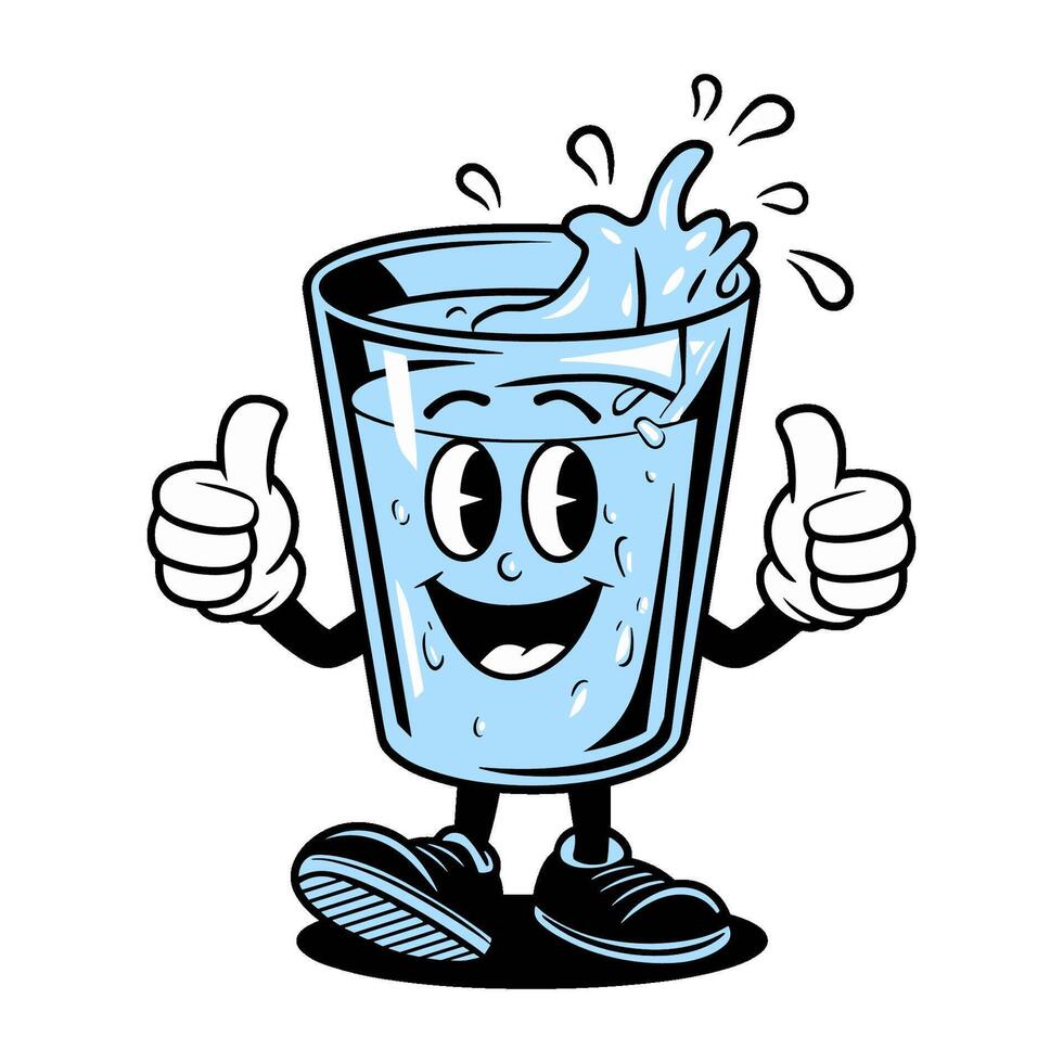 Happy anthropomorphic glass of water with a smiling face, arms, and shoes giving thumbs-up on a white background vector