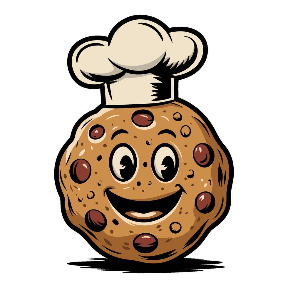 doodle cartoon cookie with chef hat on it. The cookie is smiling and has chocolate chips on it vector