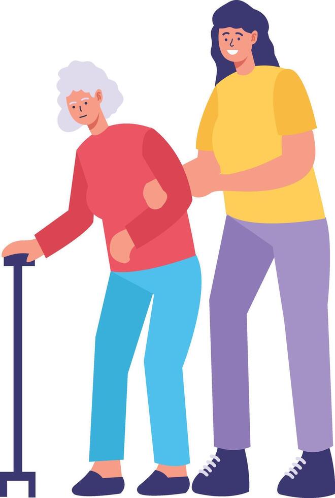 Volunteer Character Helping Elderly on White Background. vector