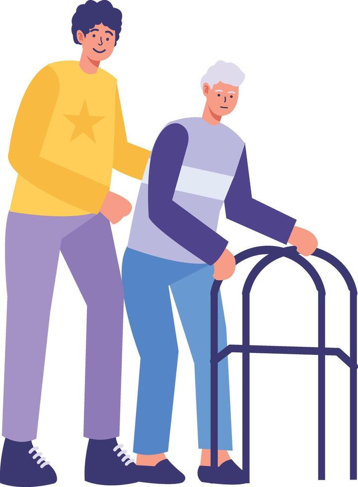 Volunteer Character Helping Elderly Isolated on White Background. vector