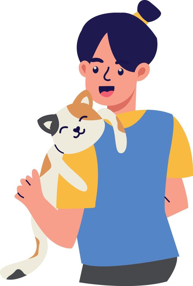 People Character with Cute Cat. in Flat Design vector