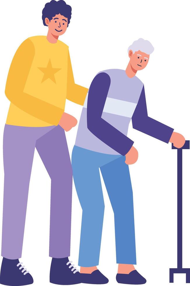 Volunteer Character Helping Elderly in Cartoon Design. vector