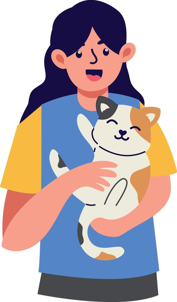 People Character with Cute Cat. Cartoon Illustration vector