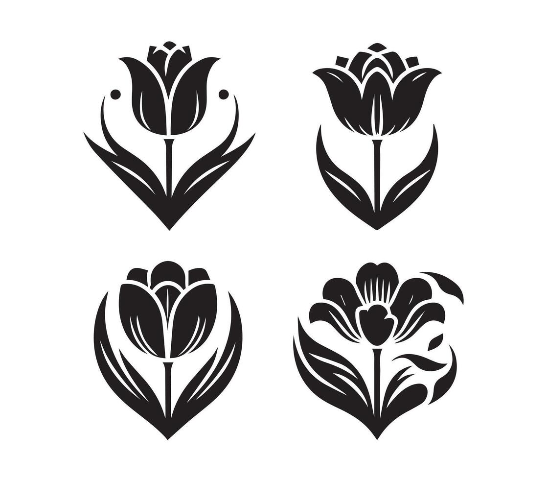 This image showcases four simple, black silhouette tulips on a clean white background. vector