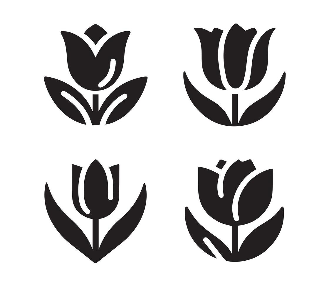 Four stylized, black-and-white tulip icons, perfect for spring-themed designs, logos, or web graphics. vector