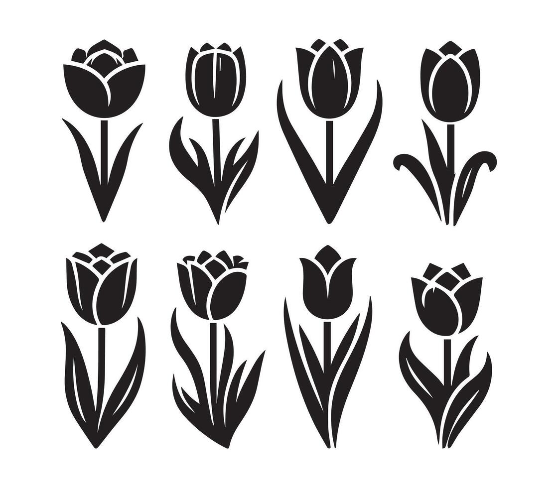 This image showcases a collection of six stylized tulip icons, rendered in solid black silhouettes against a white background. vector