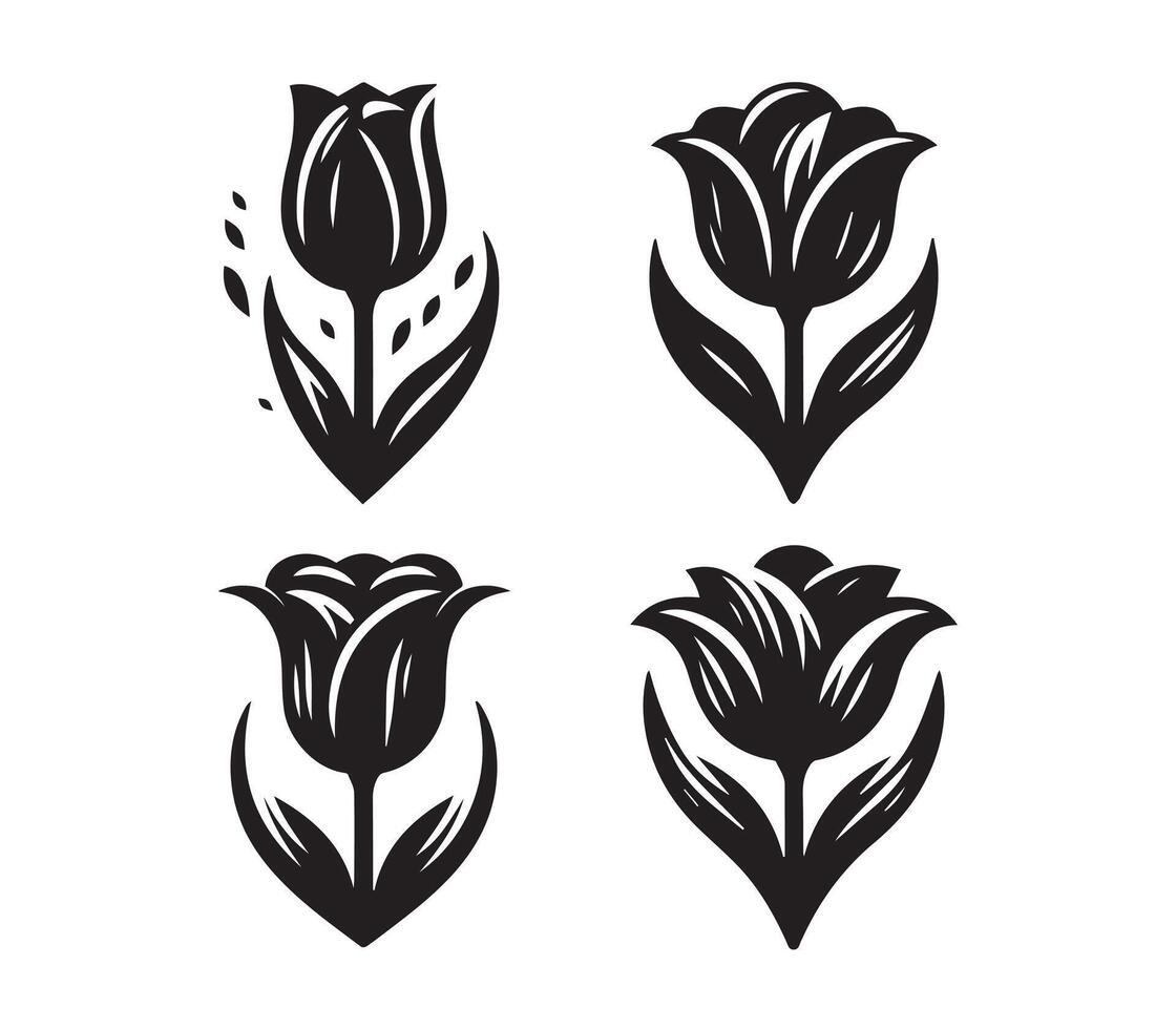 Nine stylized black silhouettes of tulips in various orientations, showcasing different aspects of the flowers, including stems and leaves. vector