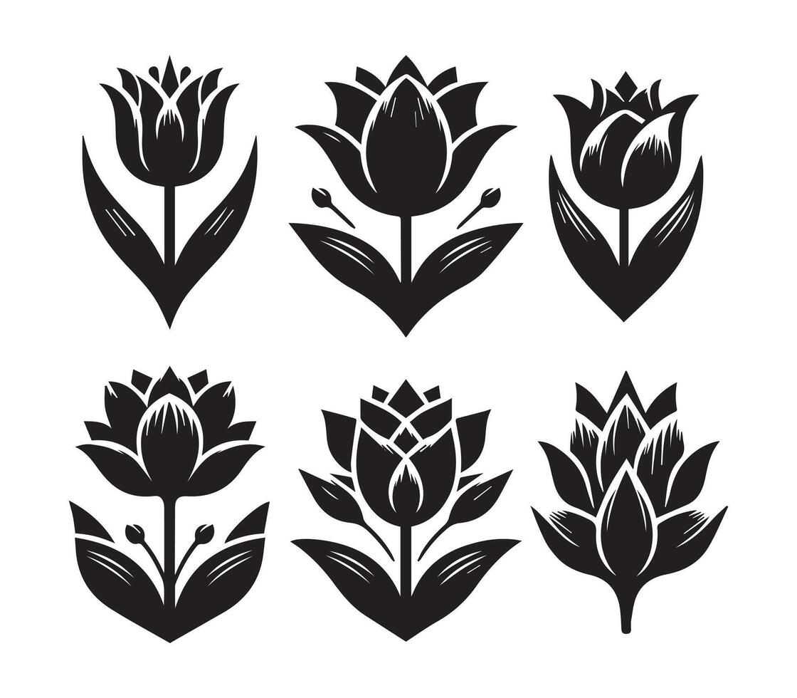 Set of Black and White Silhouette Tulip Illustrations vector