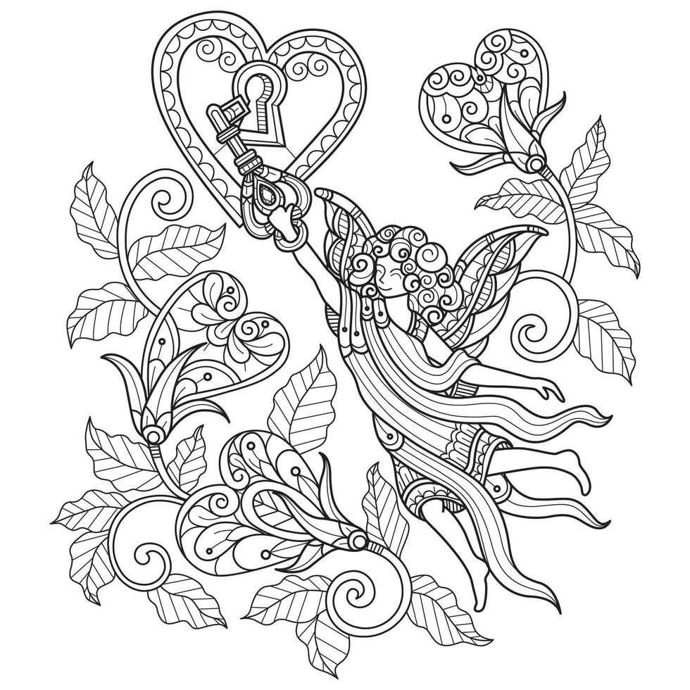 Angel in the garden of love hand drawn for adult coloring book vector