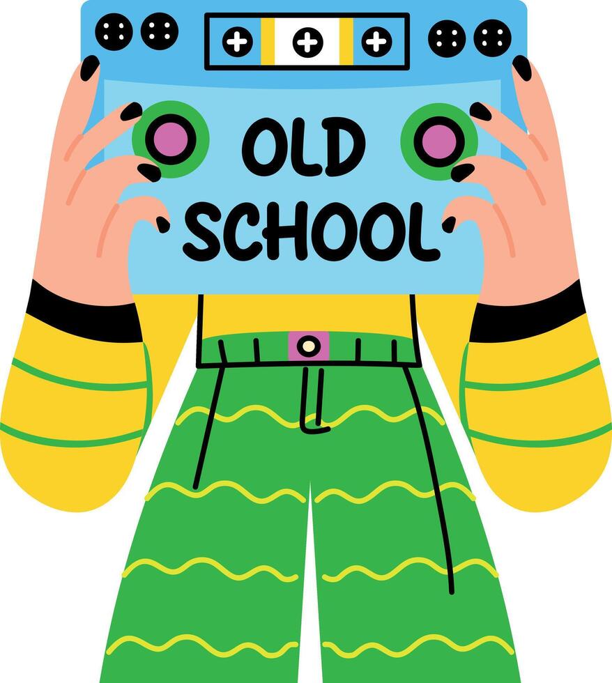 Flat sticker of a character holding a cassette tape written old school vector