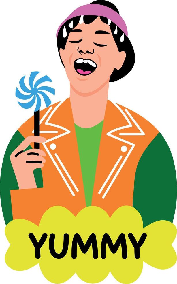 Flat typographic sticker of a character eating a lollipop saying yummy vector
