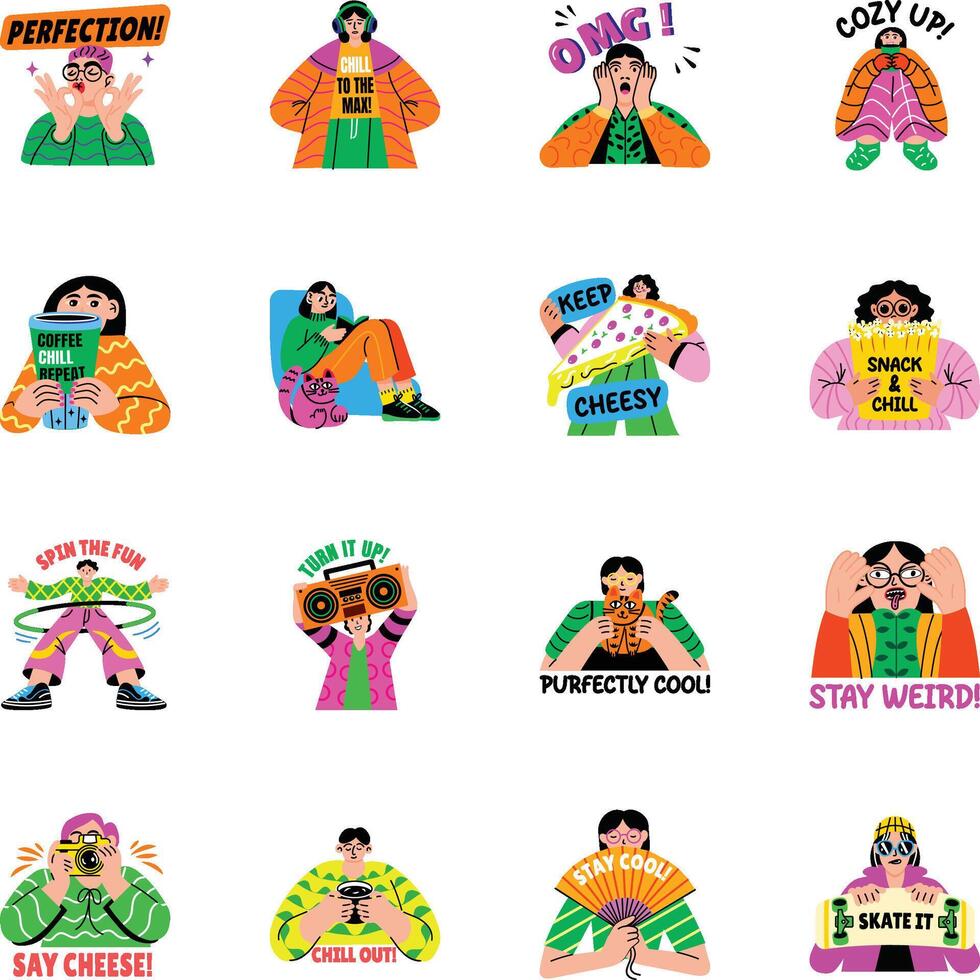 Bundle of Cool Characters Flat Style Stickers vector