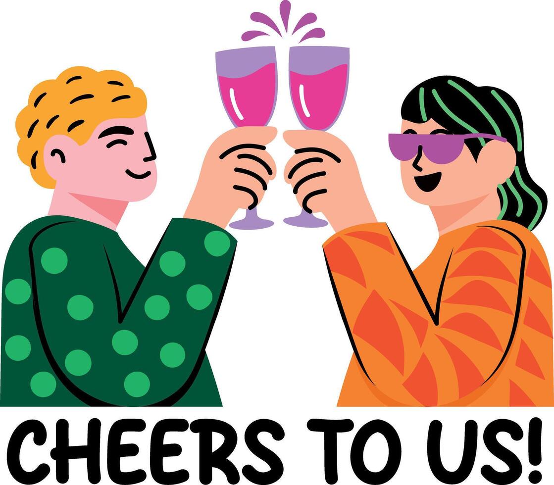 Flat style typographic sticker of two characters doing cheers vector