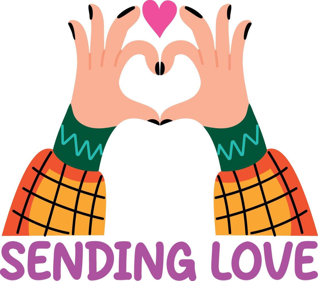 Making heart with hands with sending love typography, flat sticker vector