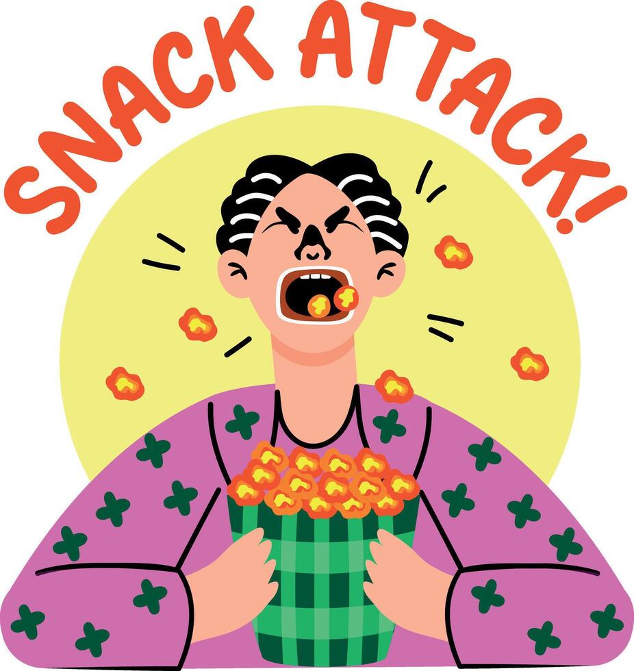Flat style sticker of a character eating popcorns with snack attack typography vector