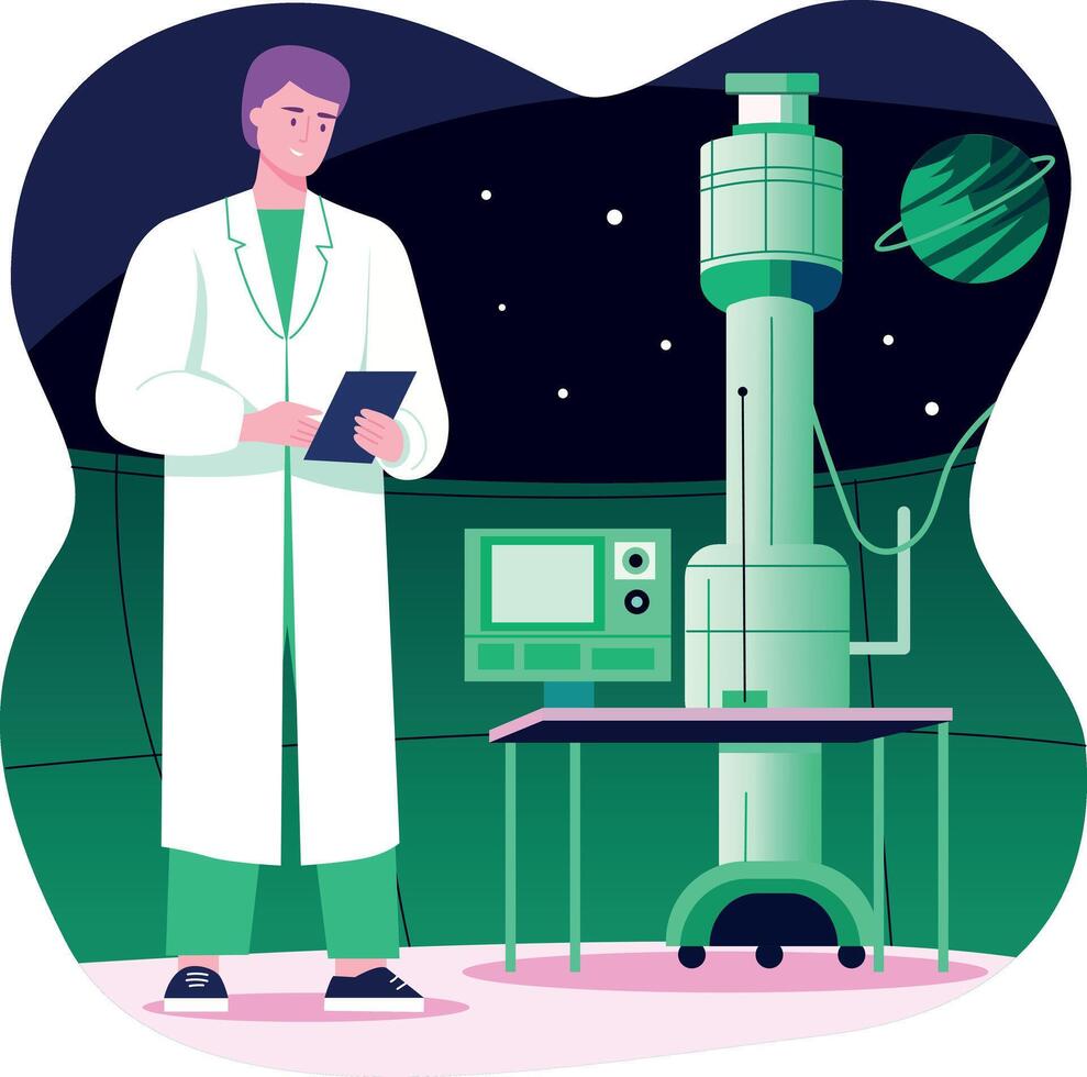 A flat illustration of a space scientist working in a lab vector