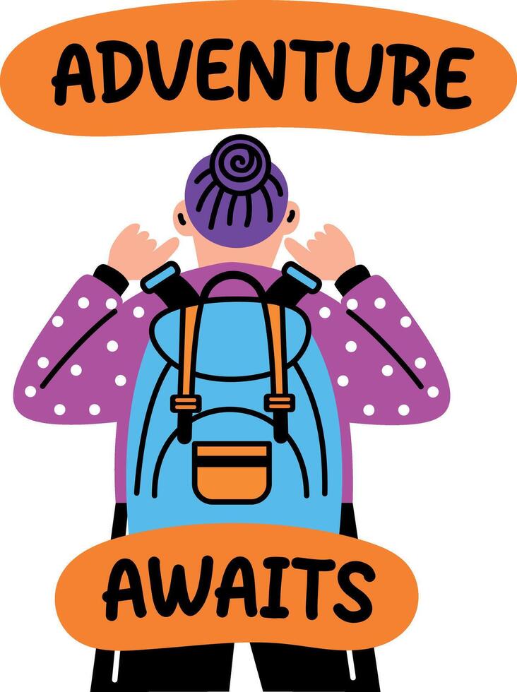 Flat style sticker of a backpacker character with adventure awaits typography vector