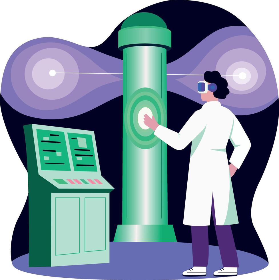 A scientist creates a space portal, flat style illustration vector