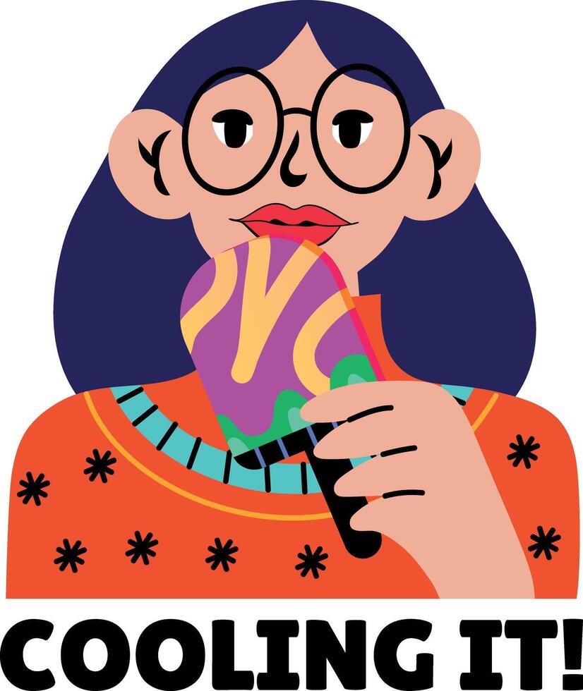 A flat style sticker of a girl eating popsicle with cooling it typography vector
