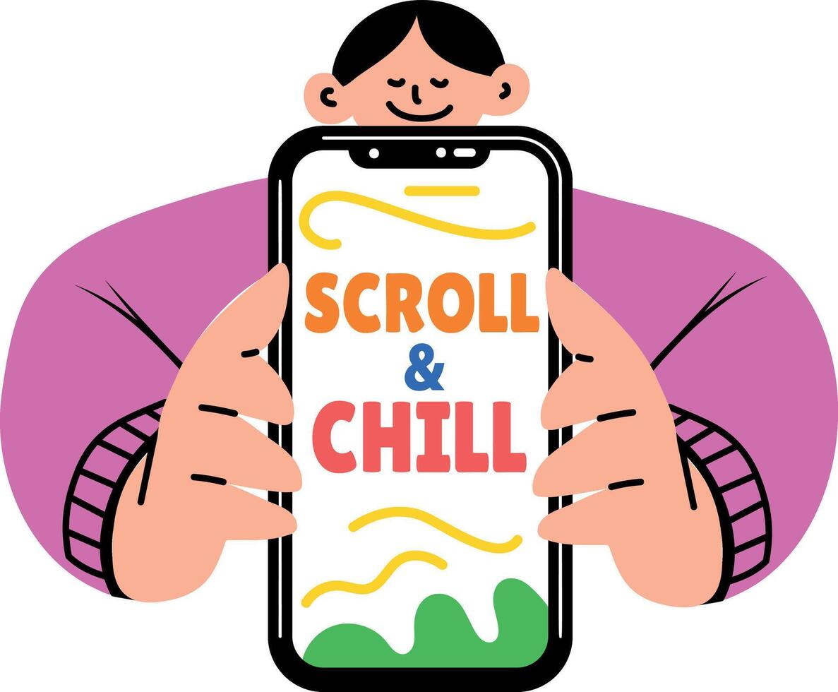 A flat sticker of a character doing scrolling on a mobile vector