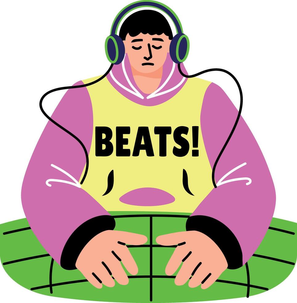 Flat sticker of a character listening music with beats typography vector