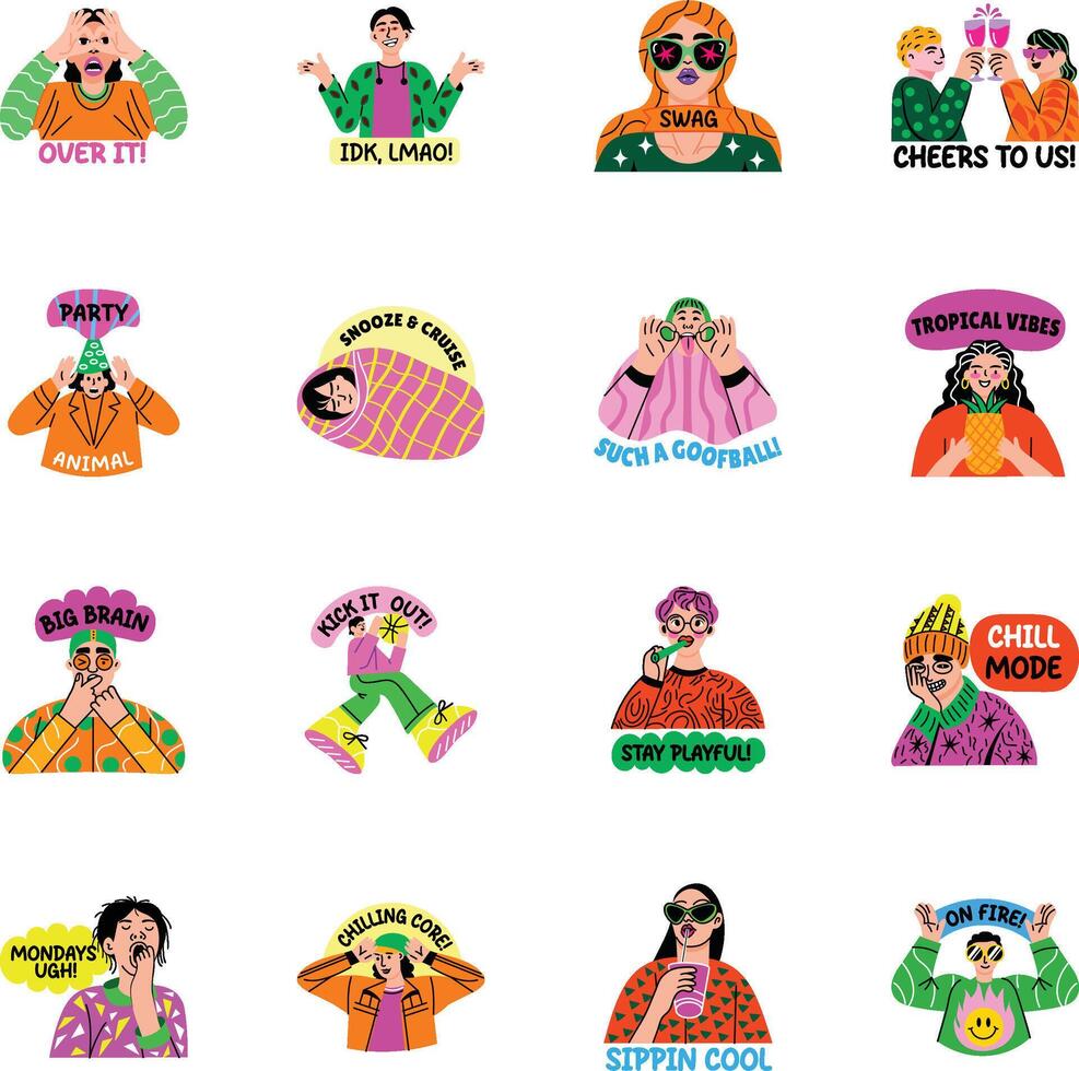 Collection of Chilling Characters Flat Style Stickers vector
