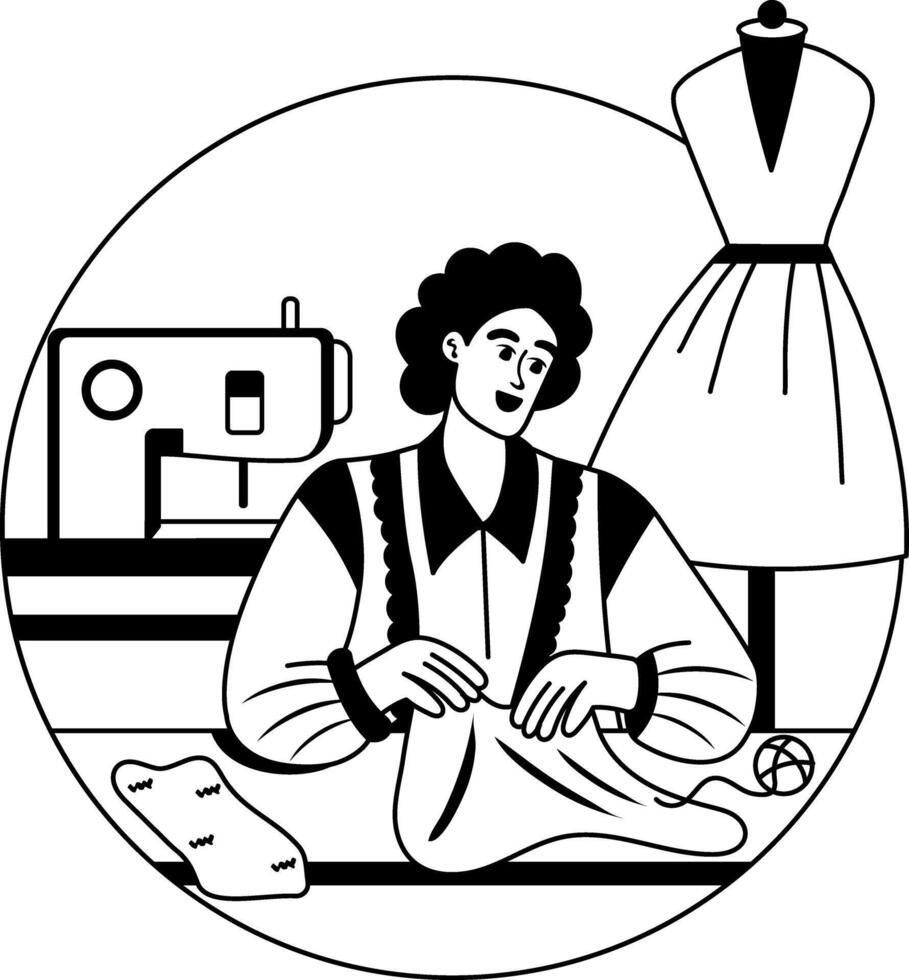 A glyph illustration of a character sewing cloth with hands vector