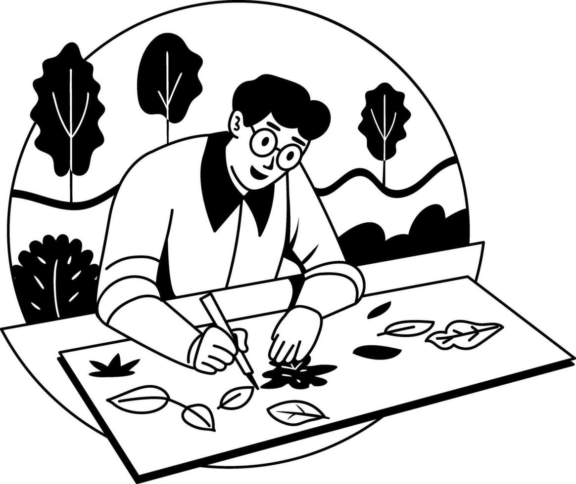 A glyph illustration of a character making leaf artwork vector