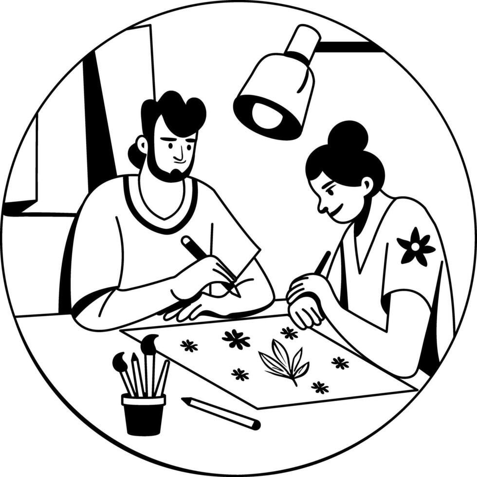 A glyph illustration of an artist sketching tattoo on a paper vector