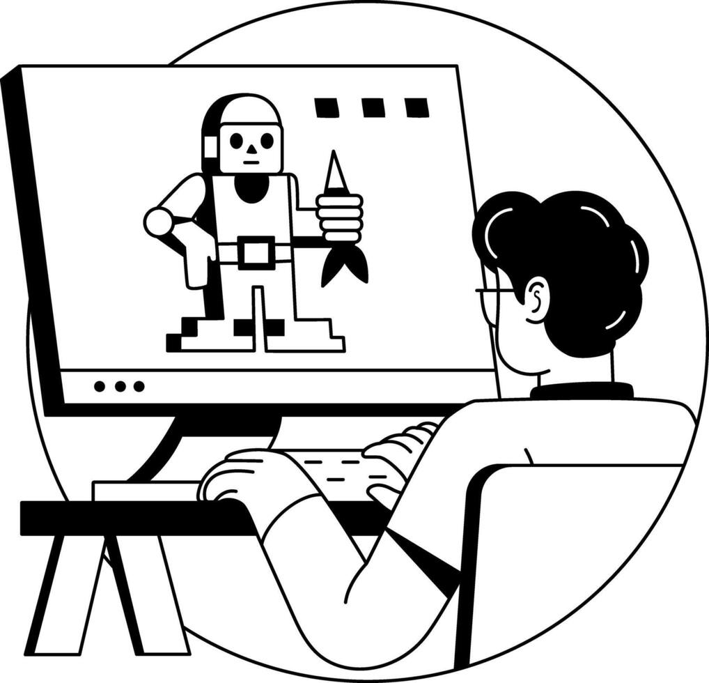 A glyph illustration of a character making pixel art on system vector