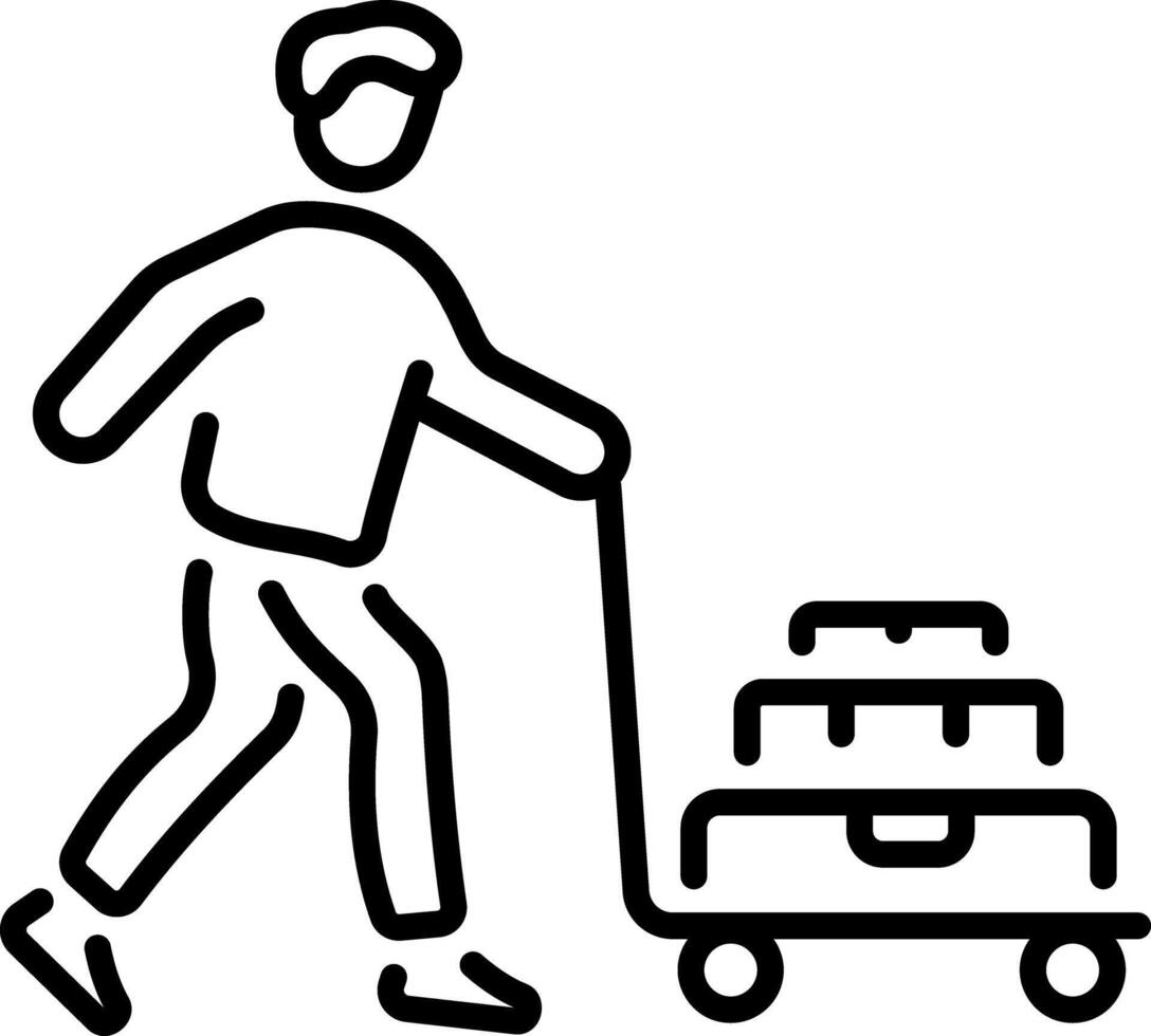 A character pushes a luggage carrier, line style icon vector