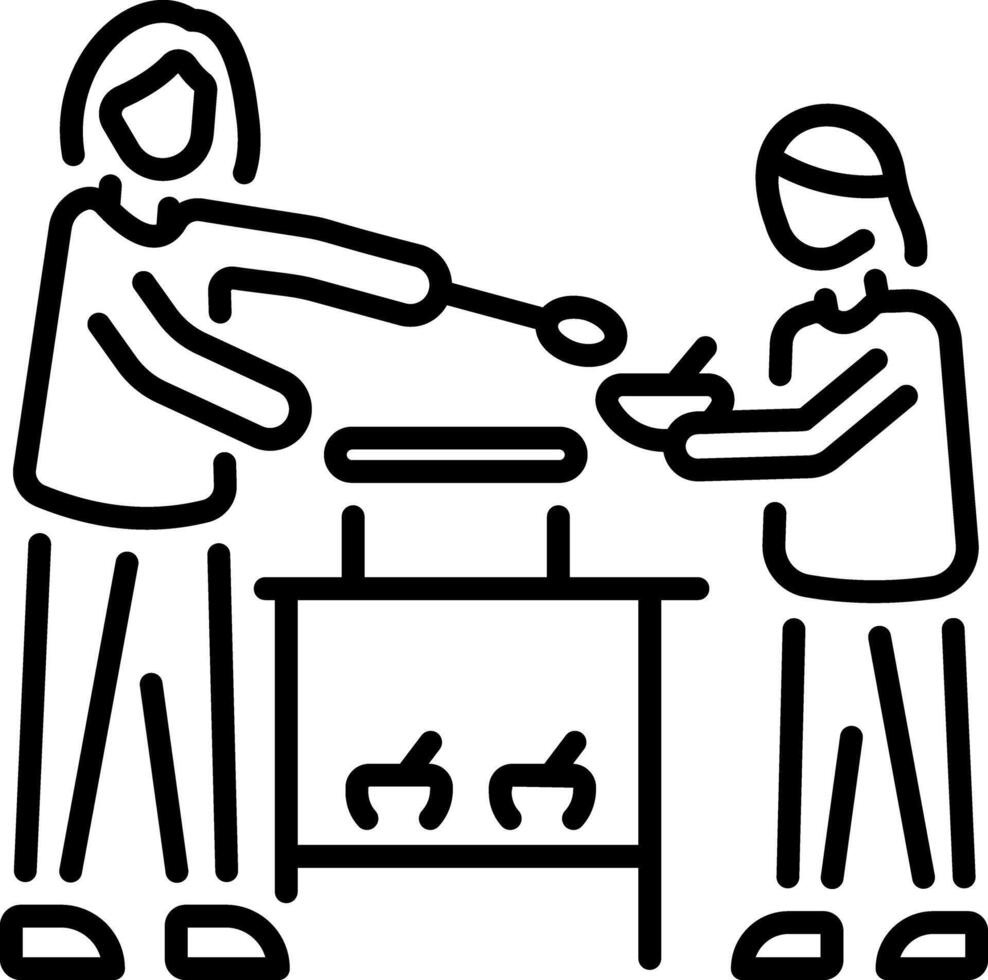 A linear style icon of a volunteer opening a soup kitchen vector