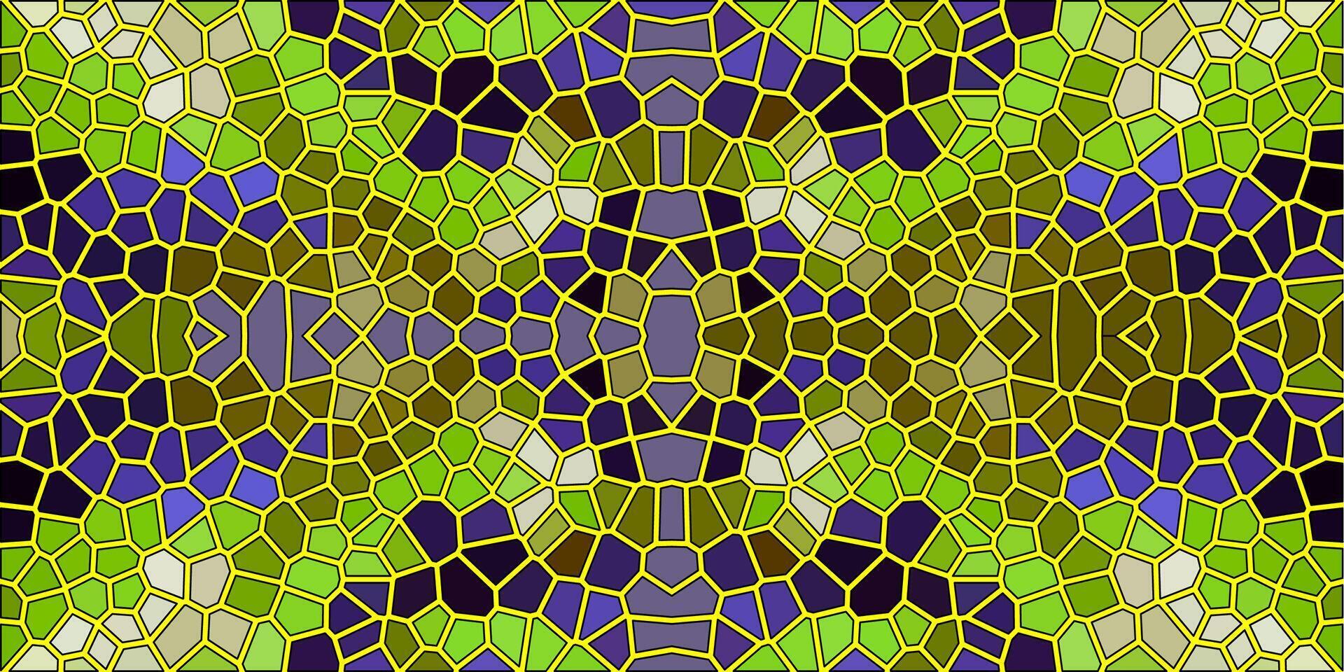 A symmetrical mosaic pattern with green, gold, and purple hues, resembling stained glass with intricate geometric shapes and a structured, artistic design. vector