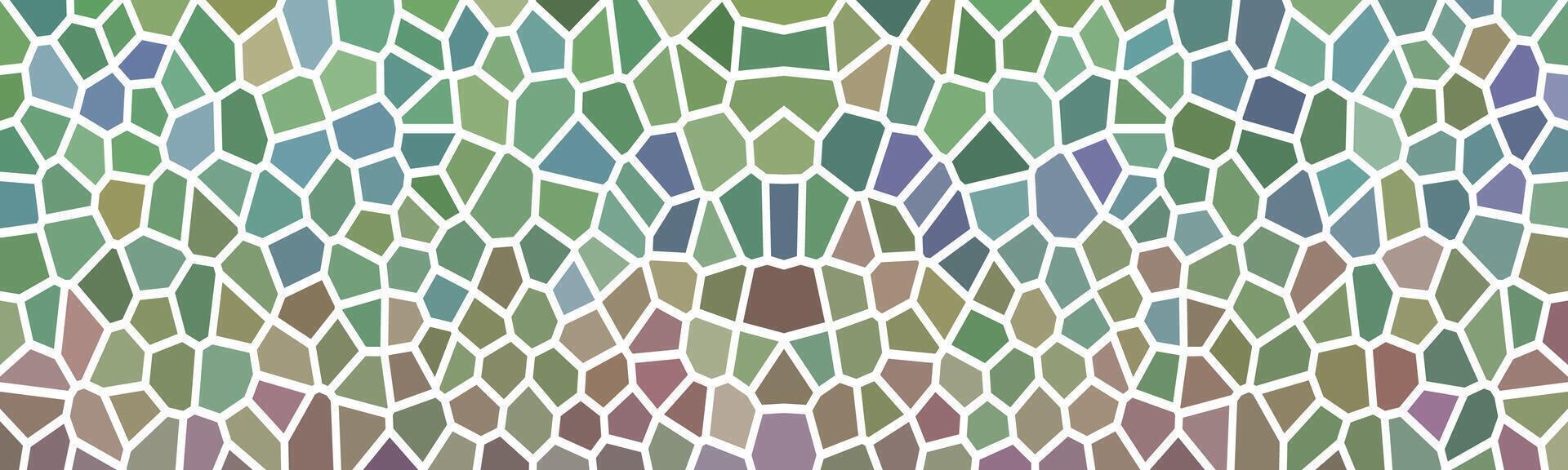 A symmetrical mosaic pattern with soft green, blue, and brown hues, resembling stained glass with an intricate geometric arrangement and a calm, artistic aesthetic. vector