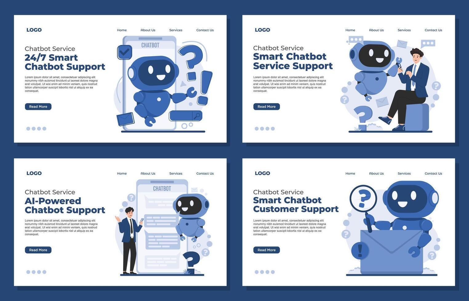 Landing page templates concepts for robots, artificial intelligence, AI chatbot service for instant chat bot customer support vector